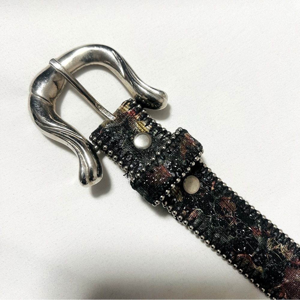 Vintage Floral S/M Glitter Lace Bonded Leather Belt Beaded Edge Silver Buckle